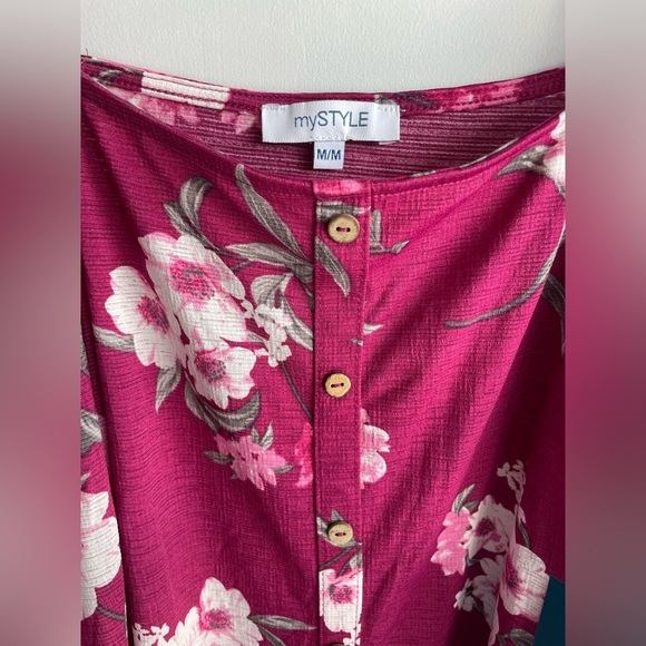 Floral Print Magenta Off the Shoulder Tie Up Button Down Blouse - Picture 4 of 5